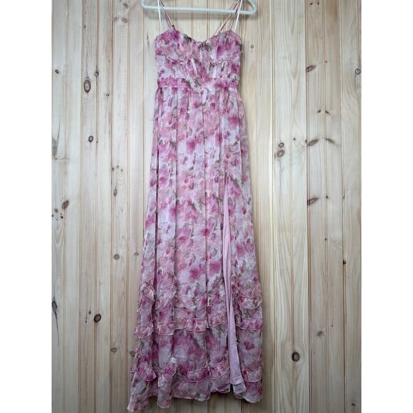 NWT Lulus Novella Pink Floral Ruffled Bustier Lace-Up Maxi Dress Gala Size S - Picture 2 of 11